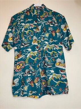 Cooke Street Honolulu Teal Hawaiian Button Down Aloha Shirt AOP Surfer Small